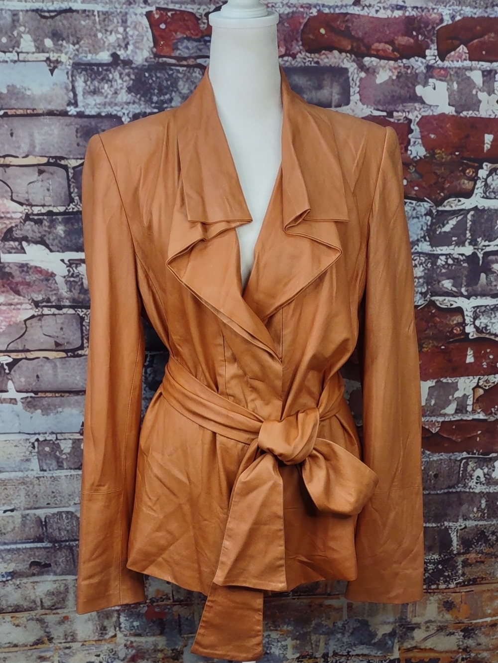 Elie Tahari Cognac Leather Tie-Waist Blazer